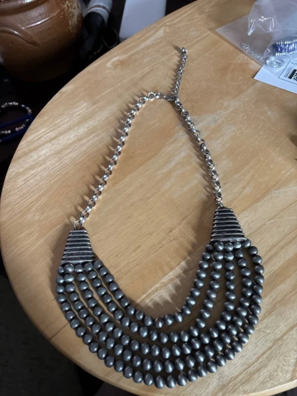 Gray bead necklace w/extender silver tone